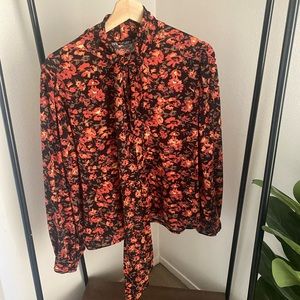 Zara floral blouse. Tie neck able to be left open, tied into a bow, or knot.